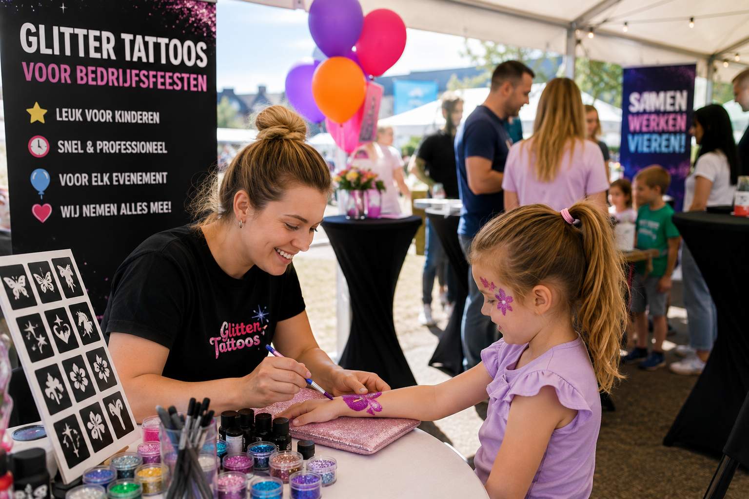 Glittertattoos voor bedrijfsfeesten tijdens een familiedag met kinderen