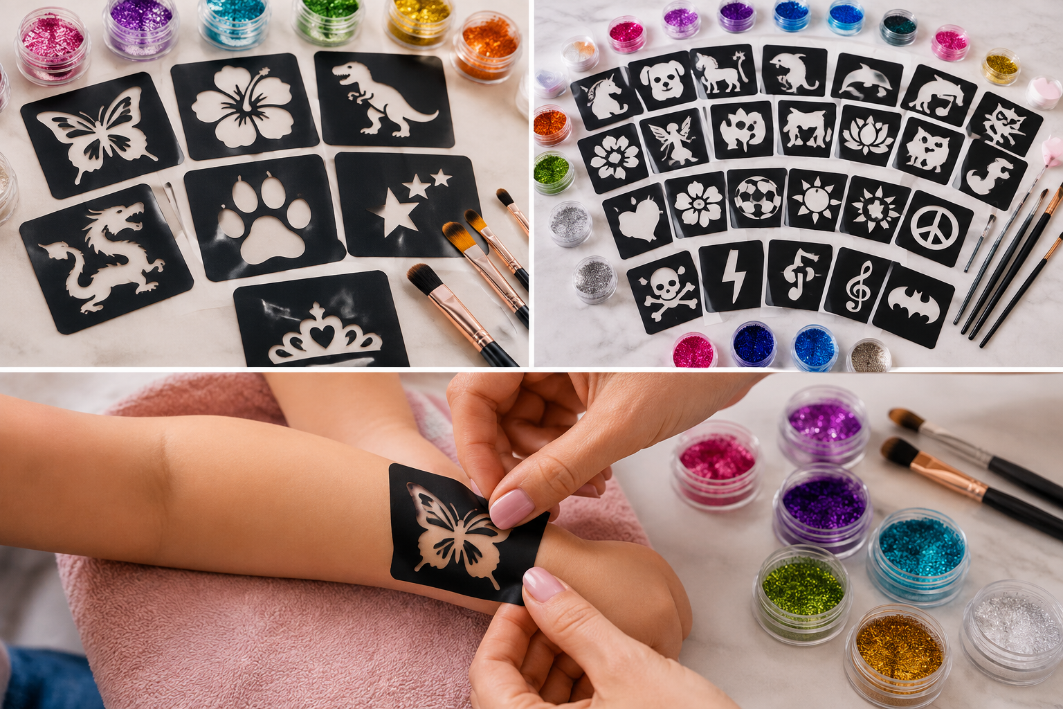 Glitter tattoo sjablonen met vlinders bloemen dieren en glitter