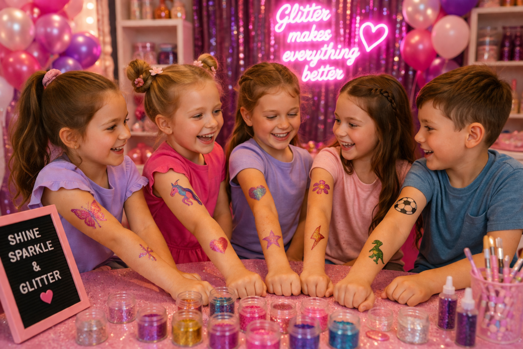 Kinderen genieten van glittertattoos op feest met glitters, kleuren en feestelijke decoratie