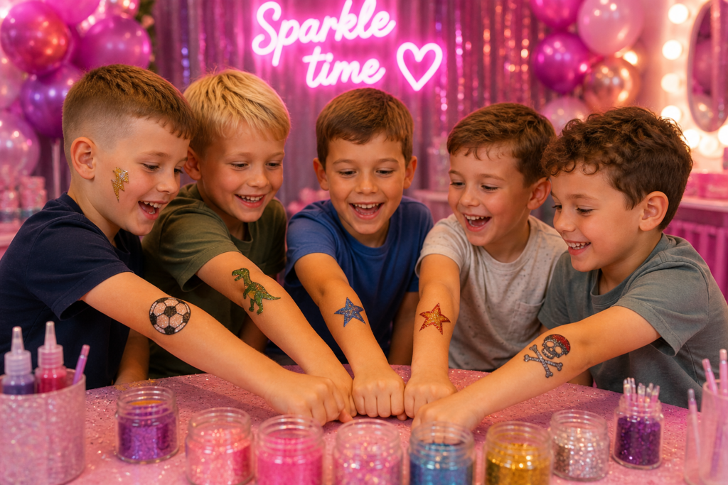 Kinderen laten hun glittertattoos zien tijdens een vrolijk kinderfeestje met kleurrijke glitters en feestdecoratie