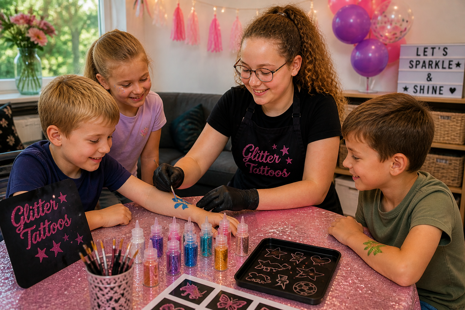Glittertattoo feestje thuis waarbij jongens en meisjes samen glittertattoos krijgen aan tafel met kleurrijke glitters en feestdecoratie