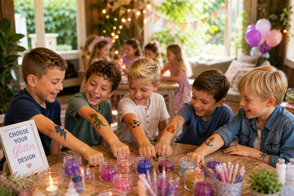 Kinderen genieten van glittertattoos tijdens een gezellig kinderfeestje thuis met glitters, knutselmateriaal en feestdecoratie