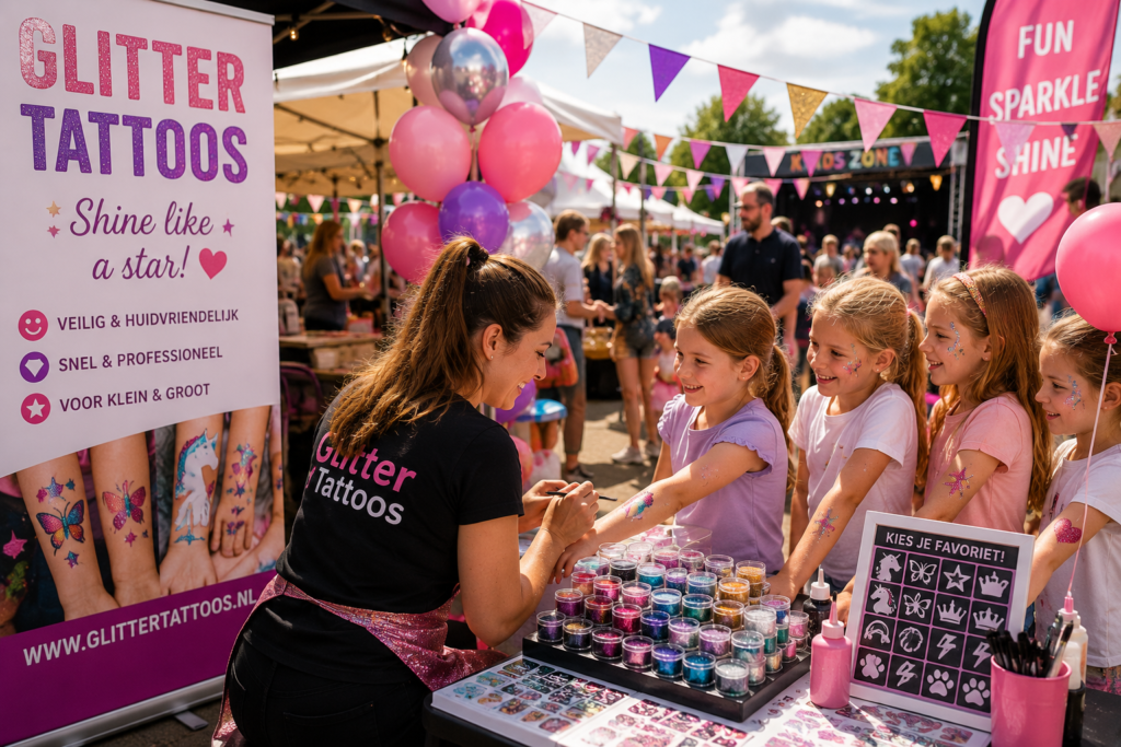 Glittertattoos voor evenementen met kinderen die glittertattoos krijgen tijdens een kleurrijk festival en kinderactiviteit op locatie