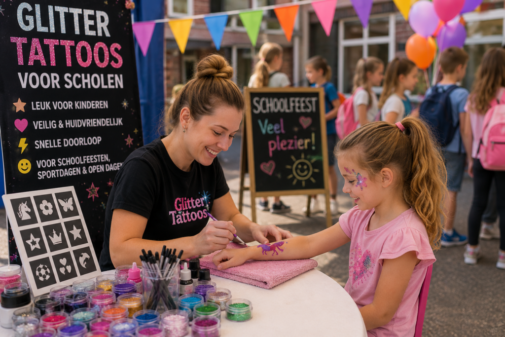 Glittertattoos voor scholen tijdens een vrolijk schoolfeest met kinderen, kleurrijke glittertattoos en professionele begeleiding op locatie