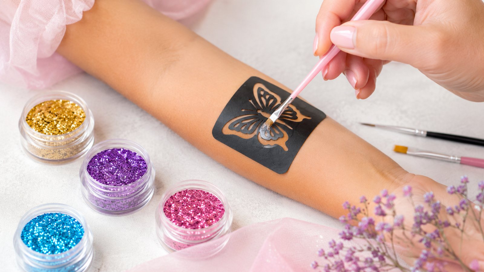 Glitter tattoo lijm met sjablonen, cosmetische glitter en penselen