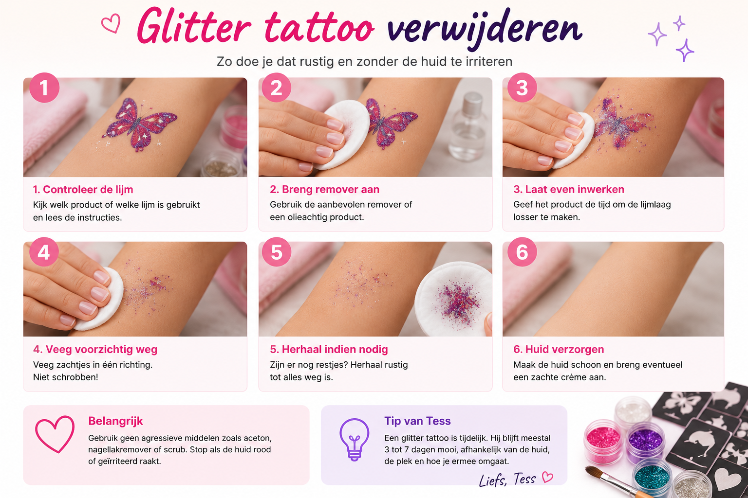 Infographic met zes stappen om een glitter tattoo voorzichtig van de huid te verwijderen