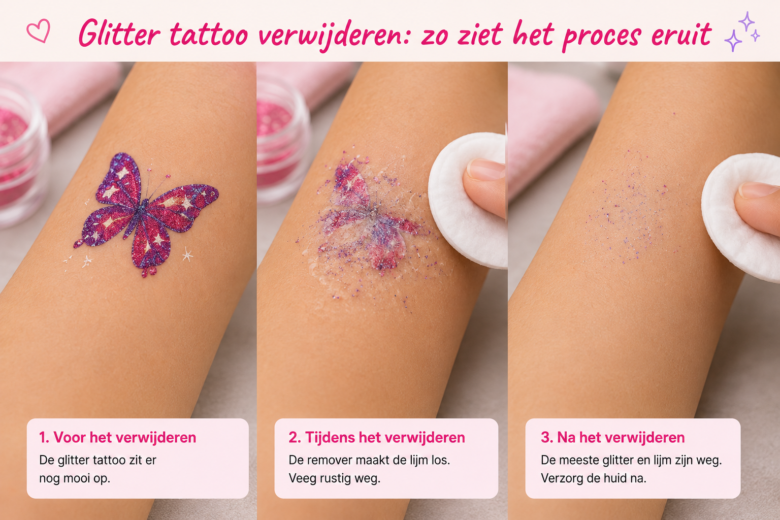 Voor, tijdens en na het verwijderen van een glitter tattoo met een wattenschijfje op de arm